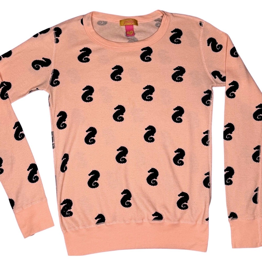 Vintage 00s Primp Seahorse Thermal Top S Peach Waffle Knit Glitter Long Sleeve